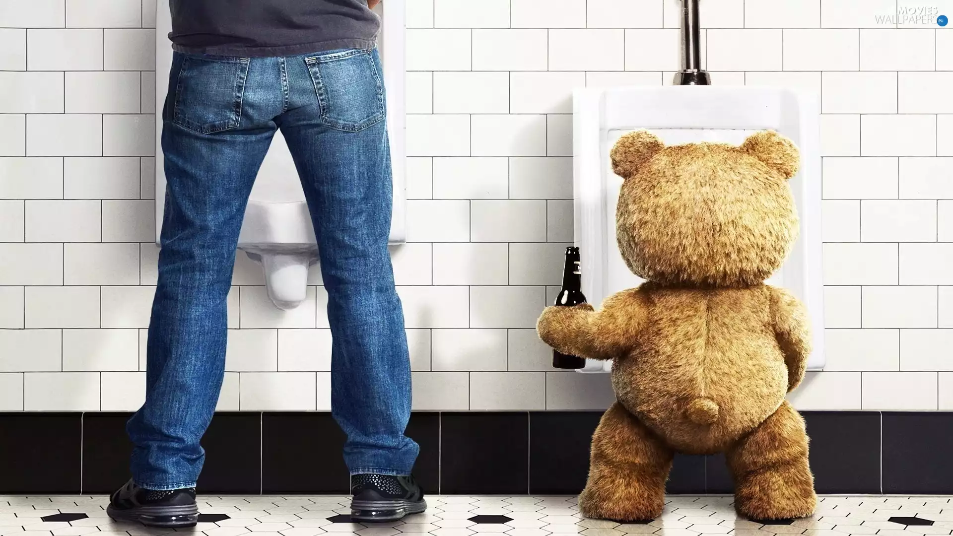 legs, Ted, Plush, a man, Bottle, tiles, Urinals, comedy, movie, toilet, Teddy Bear