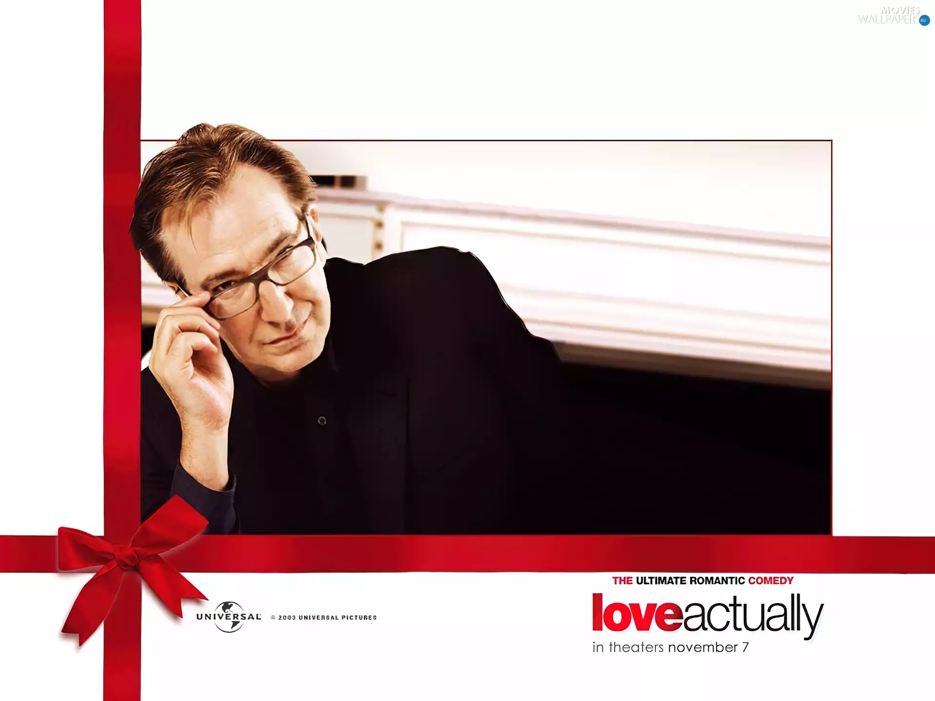 Glasses, ribbon, Alan Rickman, a man, Love Actually