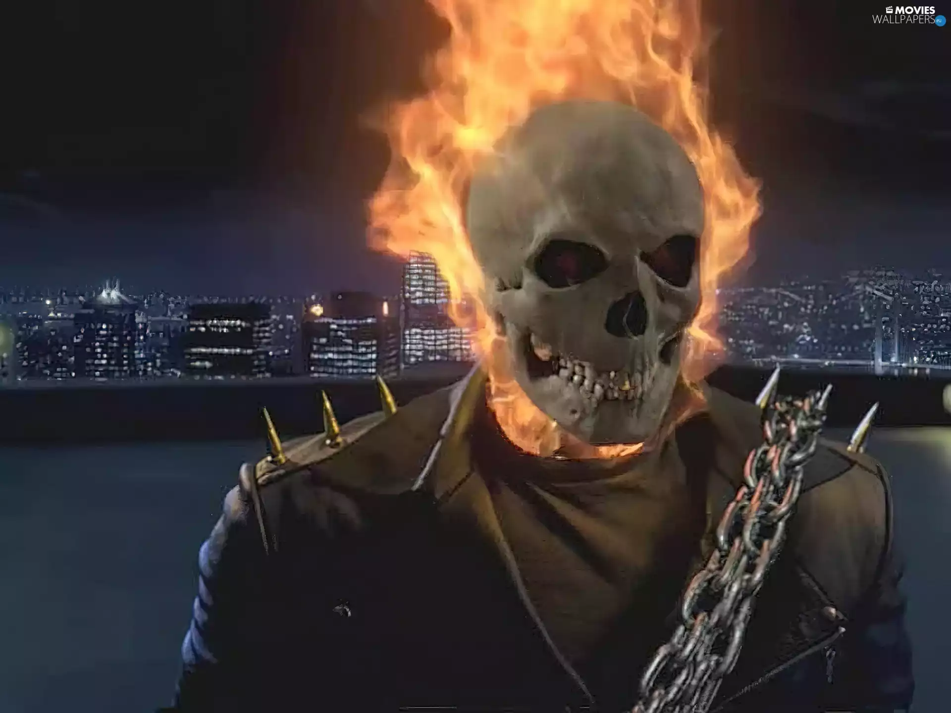 Ghost Rider, Big Fire, skyscrapers, skull