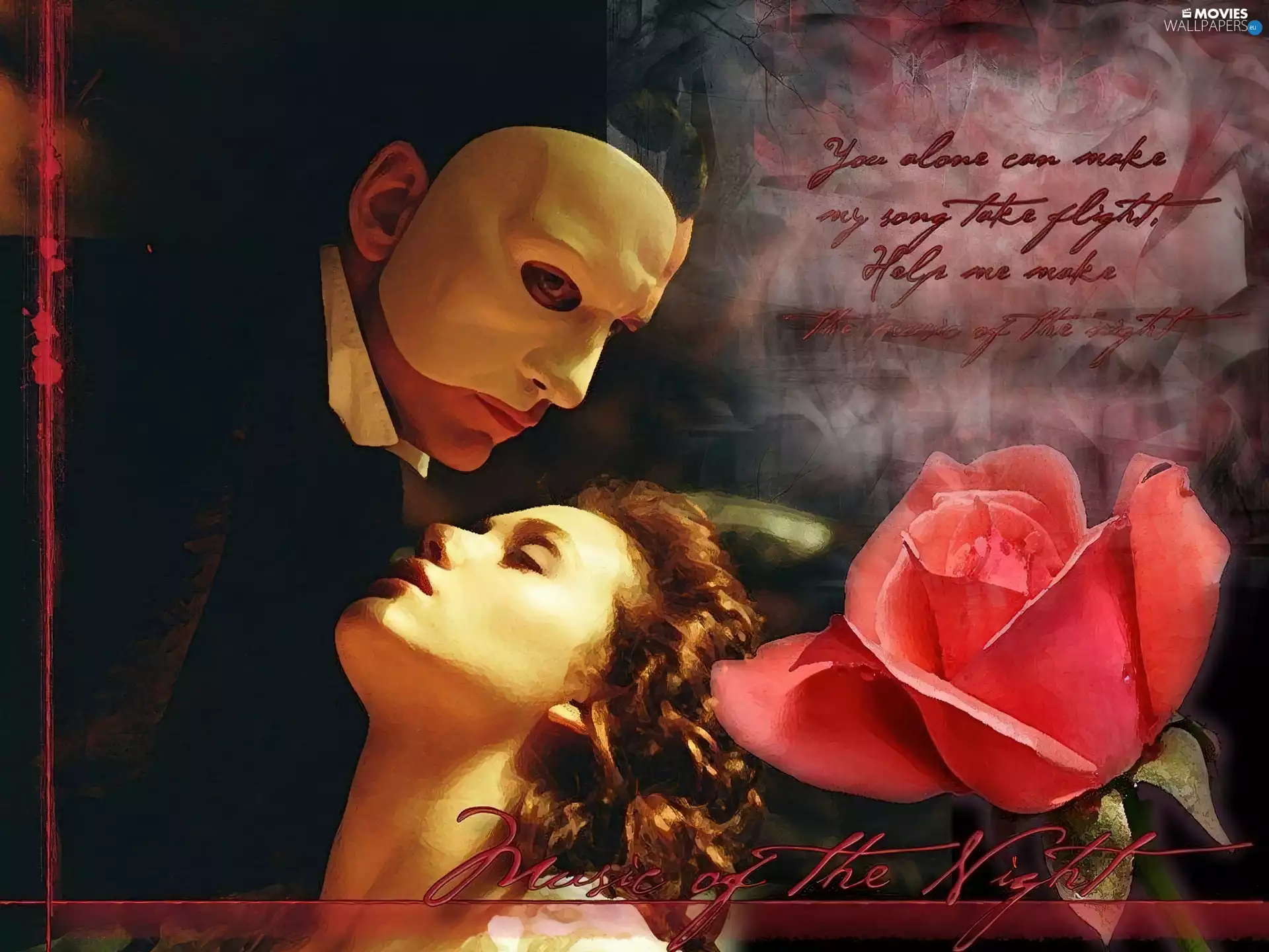 Gerard Butler, rose, Mask, text, Emmy Rossum, Phantom Of The Opera